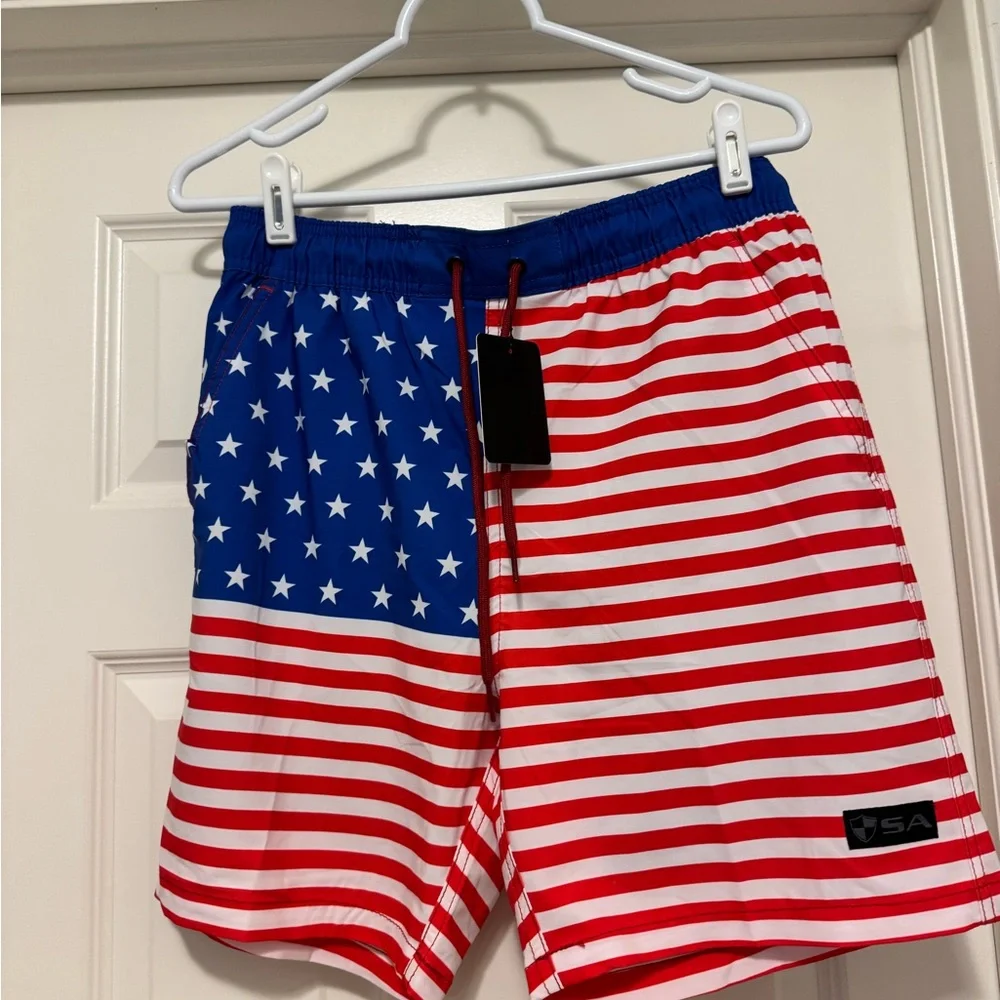 Mens USA Flag Patriotic Performance Swim Trunks by The Soul of Adventure